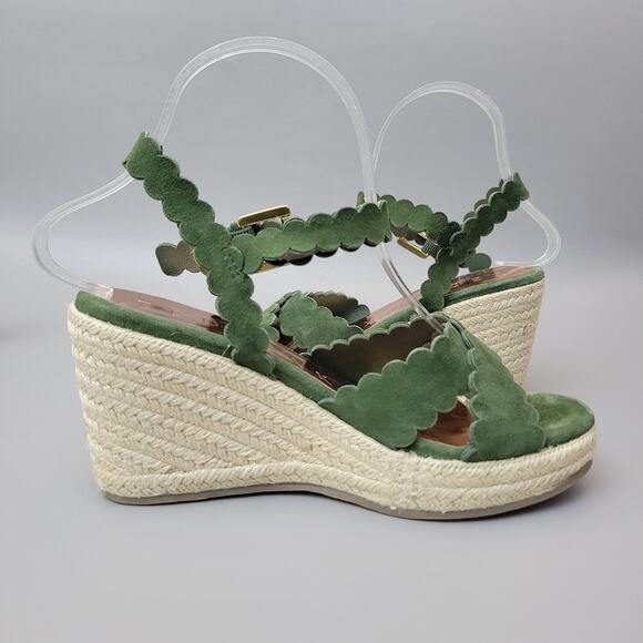 Ted Baker London Wedge Espadrille Sandal Green Suede Scallop Size 7.5 US 38 EU - Picture 3 of 12